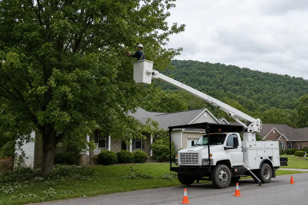 Aerial bucket truck with an extended boom reaching into a mature maple in a residential front yard