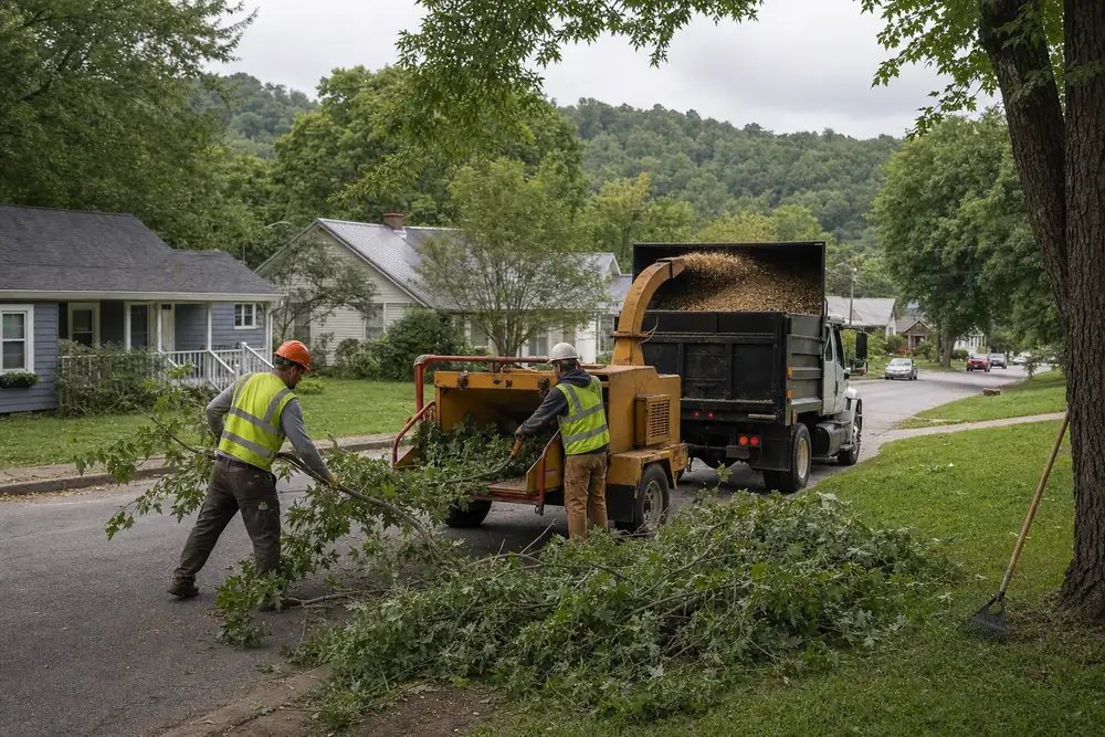 Tree service crew feeding branches into a chipper during cleanup on a residential street